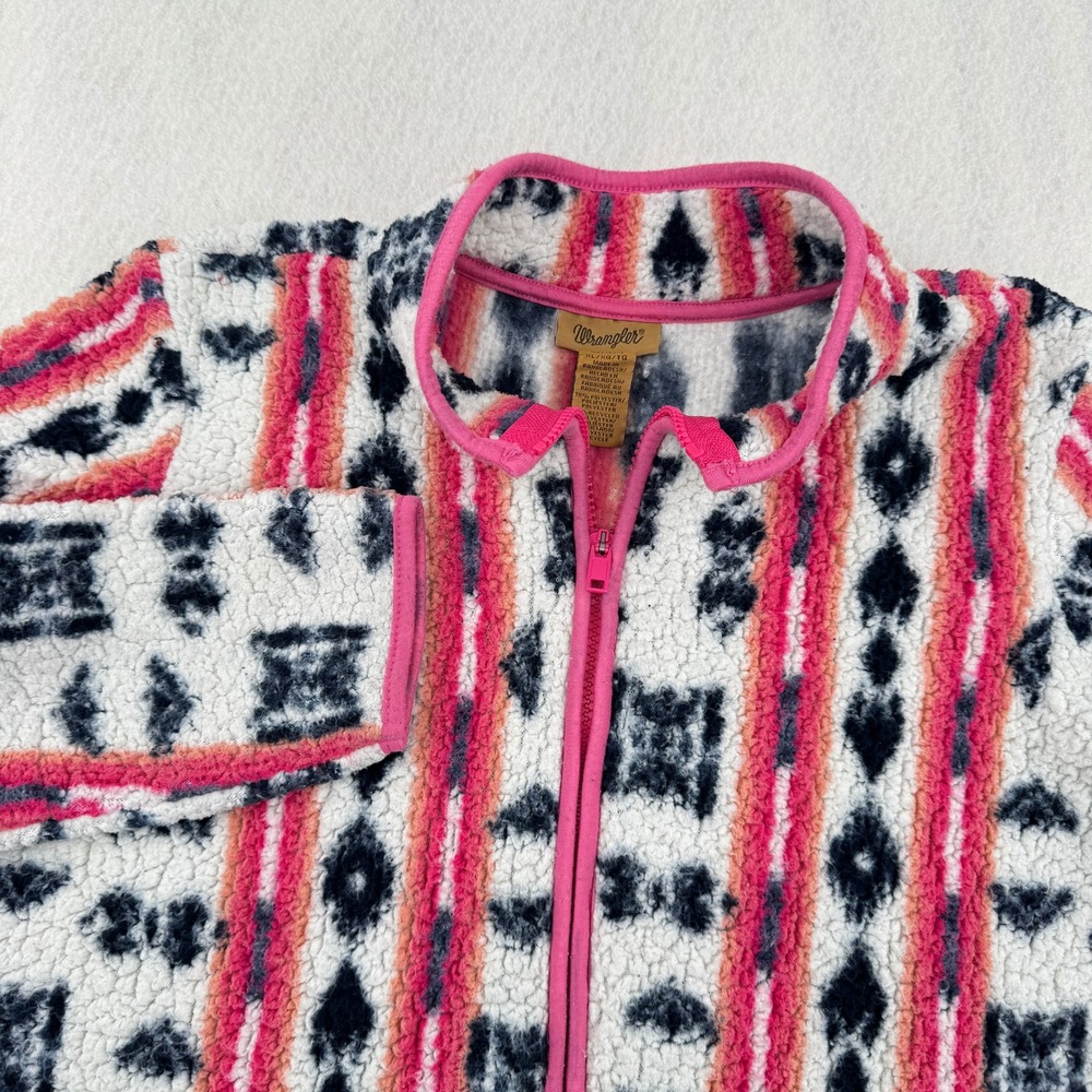 Wrangler Girls XL Southwestern Aztec Sherpa Fleece Full Zip Jacket Pink White